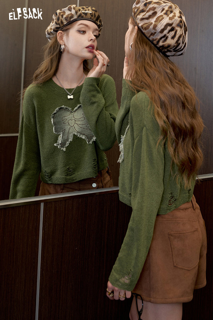 ELFSACK Pink bow knit sweater, lazy style thin and slimming top