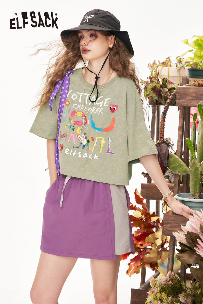 ELFSACK Pink Graffiti Printed Casual Short Sleeve T-Shirt