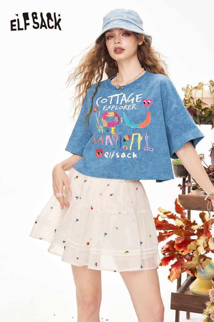 ELFSACK Pink Graffiti Printed Casual Short Sleeve T-Shirt