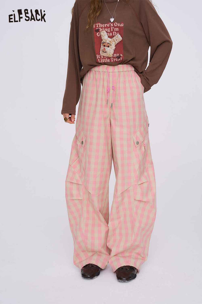 ELFSACK Pink Plaid Loose Wide-Leg Trousers