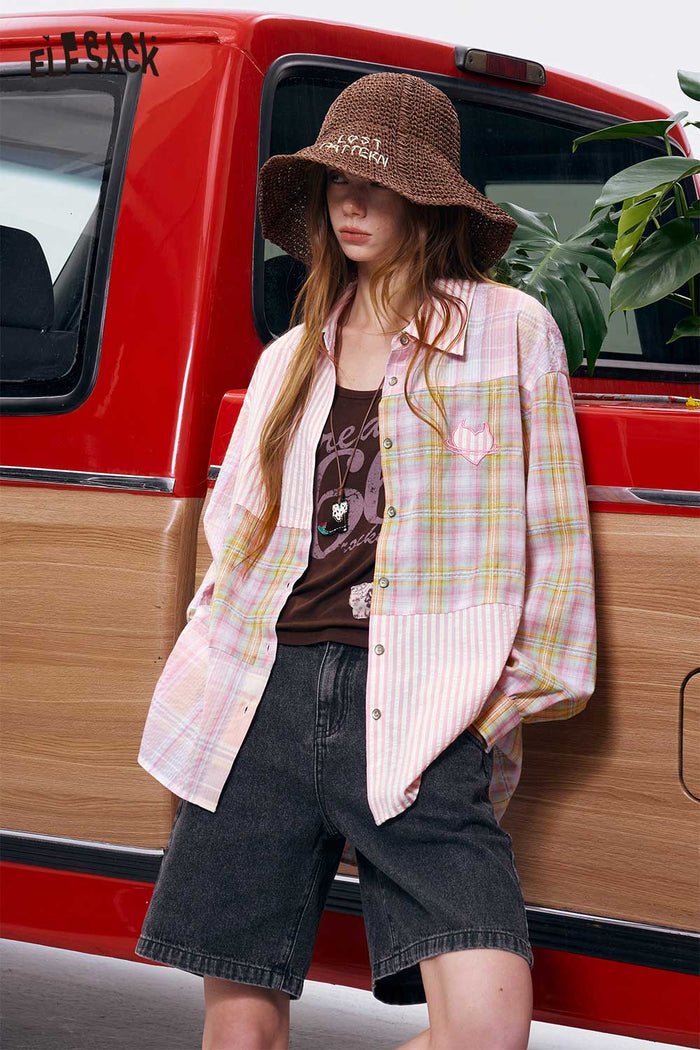 ELFSACK Pink Plaid Patchwork Embroidered Shirt