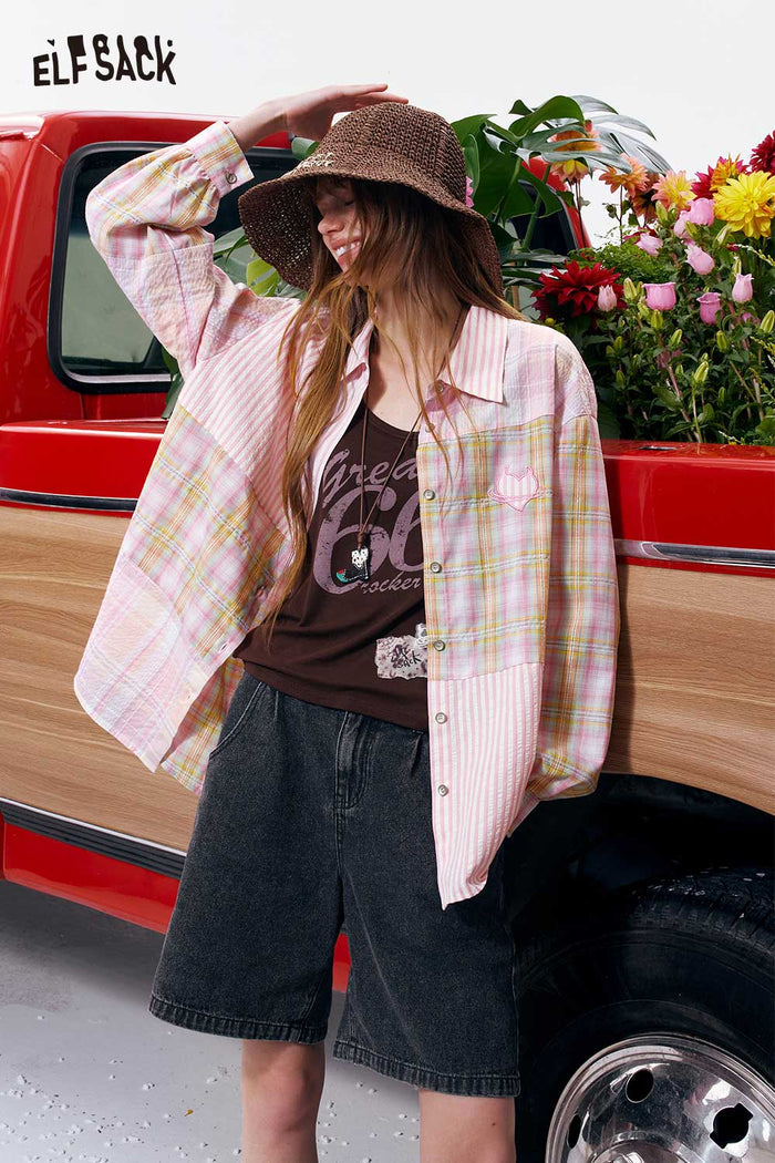 ELFSACK Pink Plaid Patchwork Embroidered Shirt
