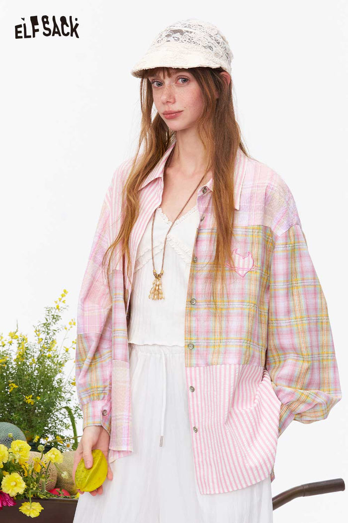 ELFSACK Pink Plaid Patchwork Embroidered Shirt