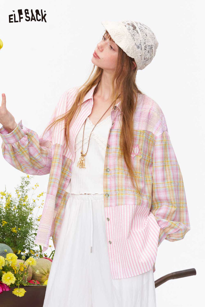 ELFSACK Pink Plaid Patchwork Embroidered Shirt