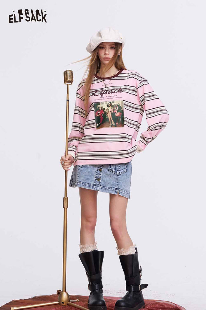 ELFSACK Pink Striped Long Sleeve T-Shirt
