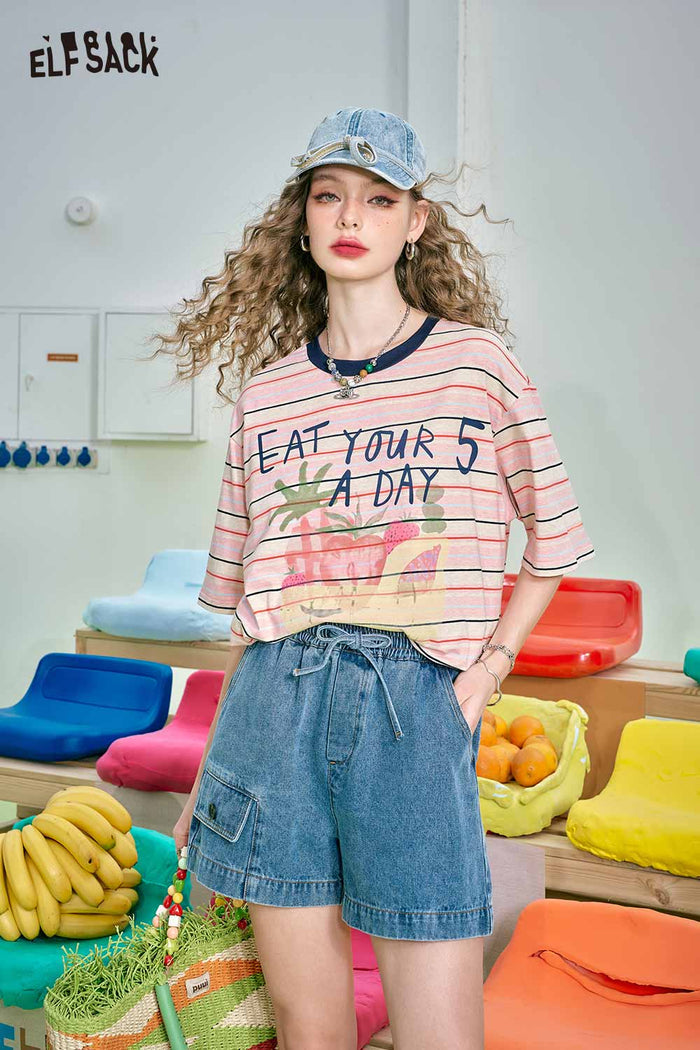 ELFSACK Pink Striped T-Shirt With Fruit Graphic Print