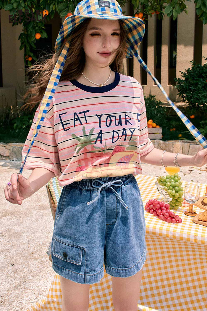 ELFSACK Pink Striped T-Shirt With Fruit Graphic Print