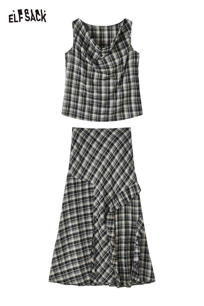 ELFSACK Plaid Cowl Neck 2-Piece Skirt Set