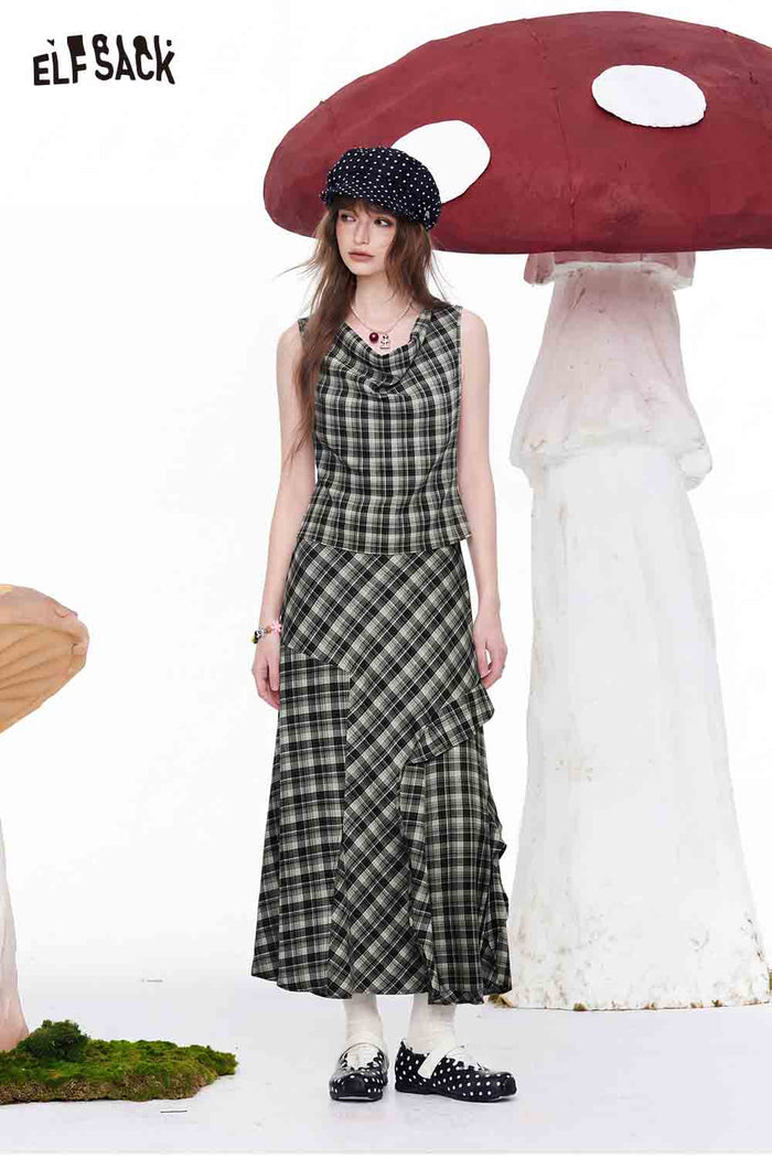 ELFSACK Plaid Cowl Neck 2-Piece Skirt Set