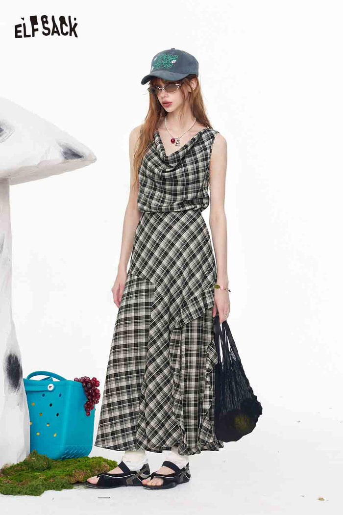 ELFSACK Plaid Cowl Neck 2-Piece Skirt Set