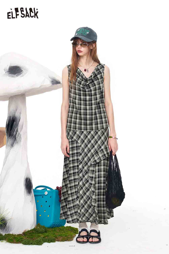 ELFSACK Plaid Cowl Neck 2-Piece Skirt Set