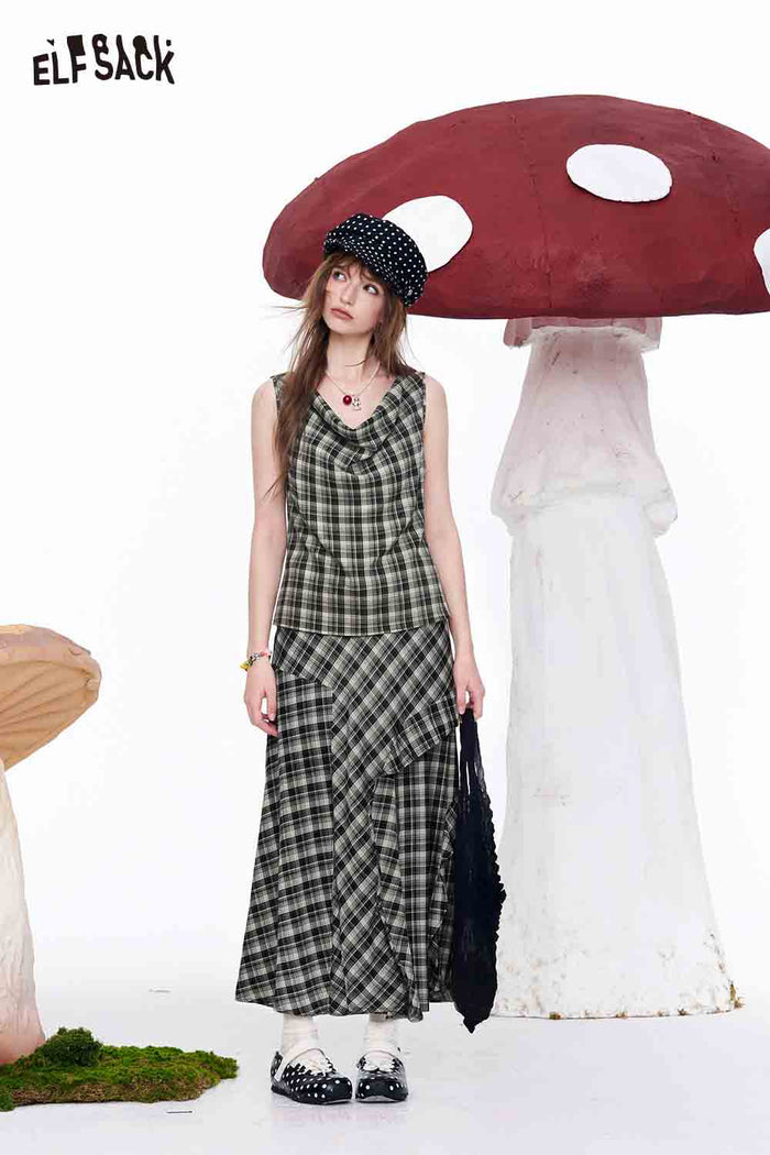 ELFSACK Plaid Cowl Neck 2-Piece Skirt Set