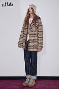 ELFSACK Plaid Double-breasted Long Coat