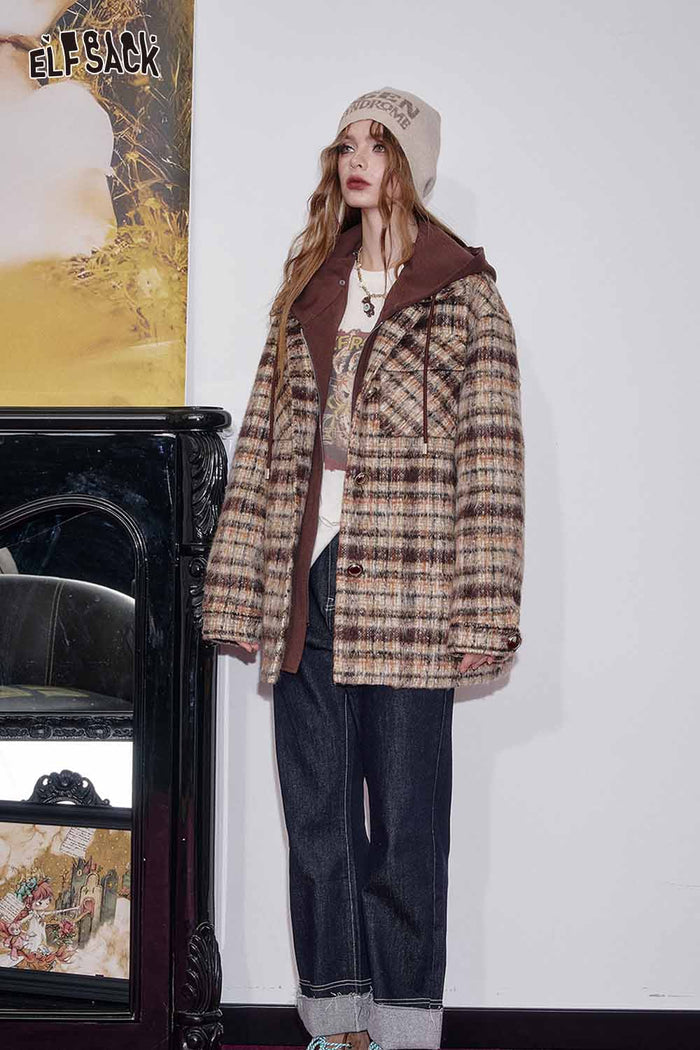ELFSACK Plaid Double-breasted Long Coat
