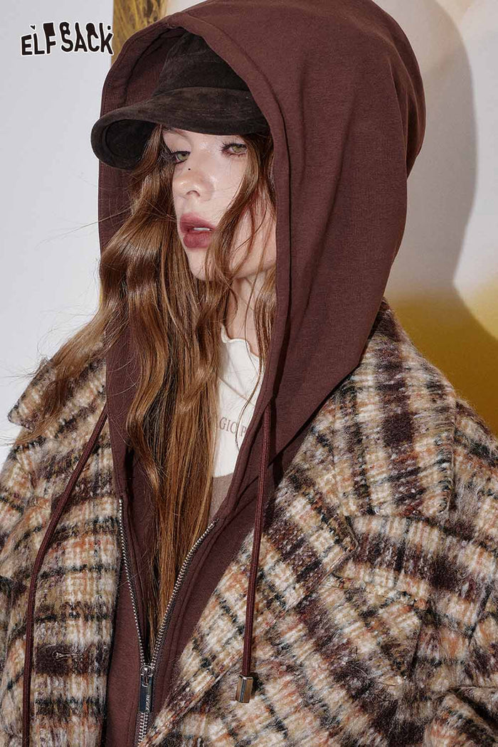 ELFSACK Plaid Double-breasted Long Coat