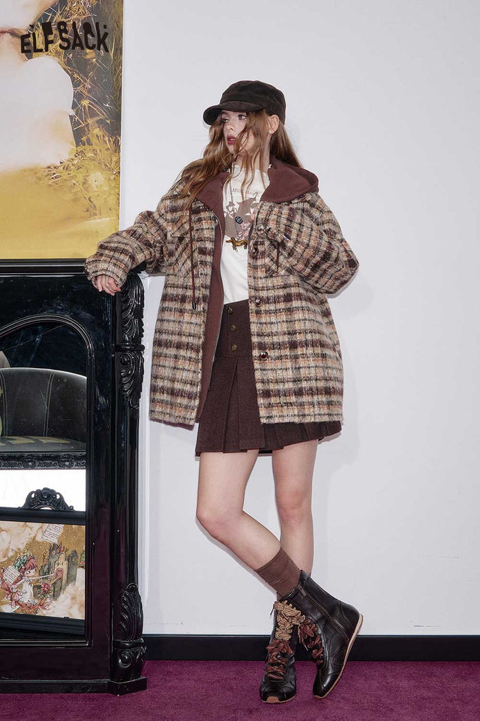 ELFSACK Plaid Double-breasted Long Coat