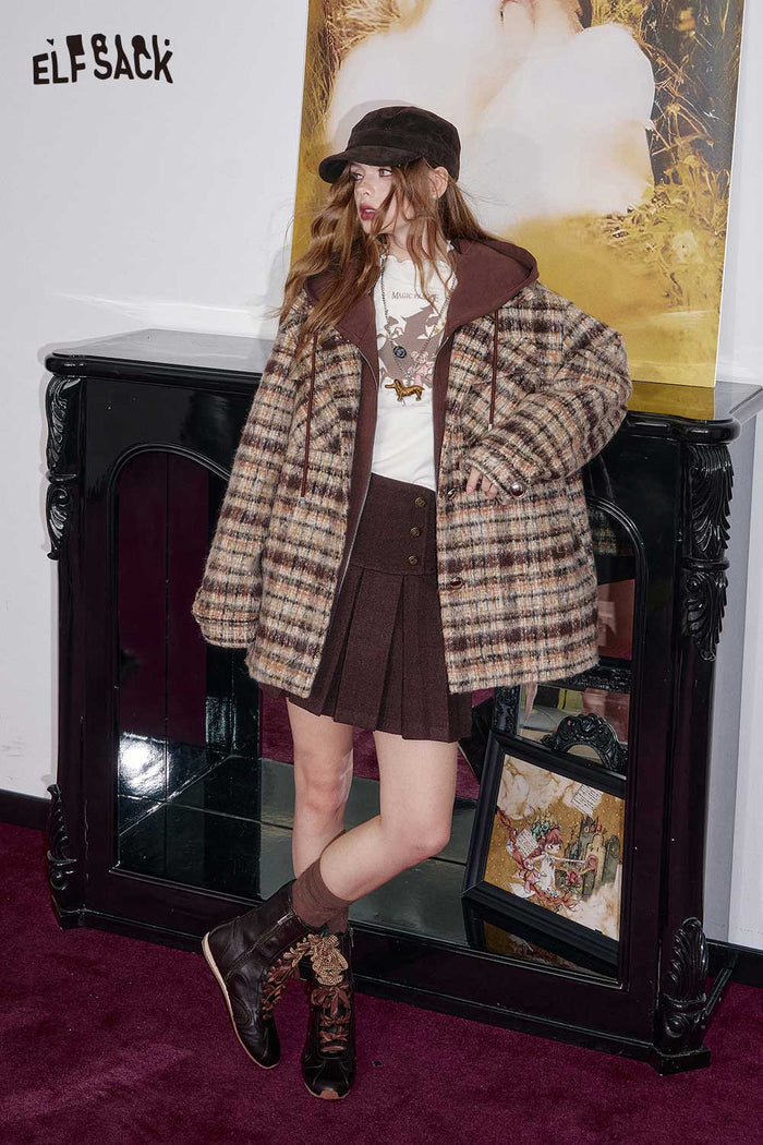 ELFSACK Plaid Double-breasted Long Coat