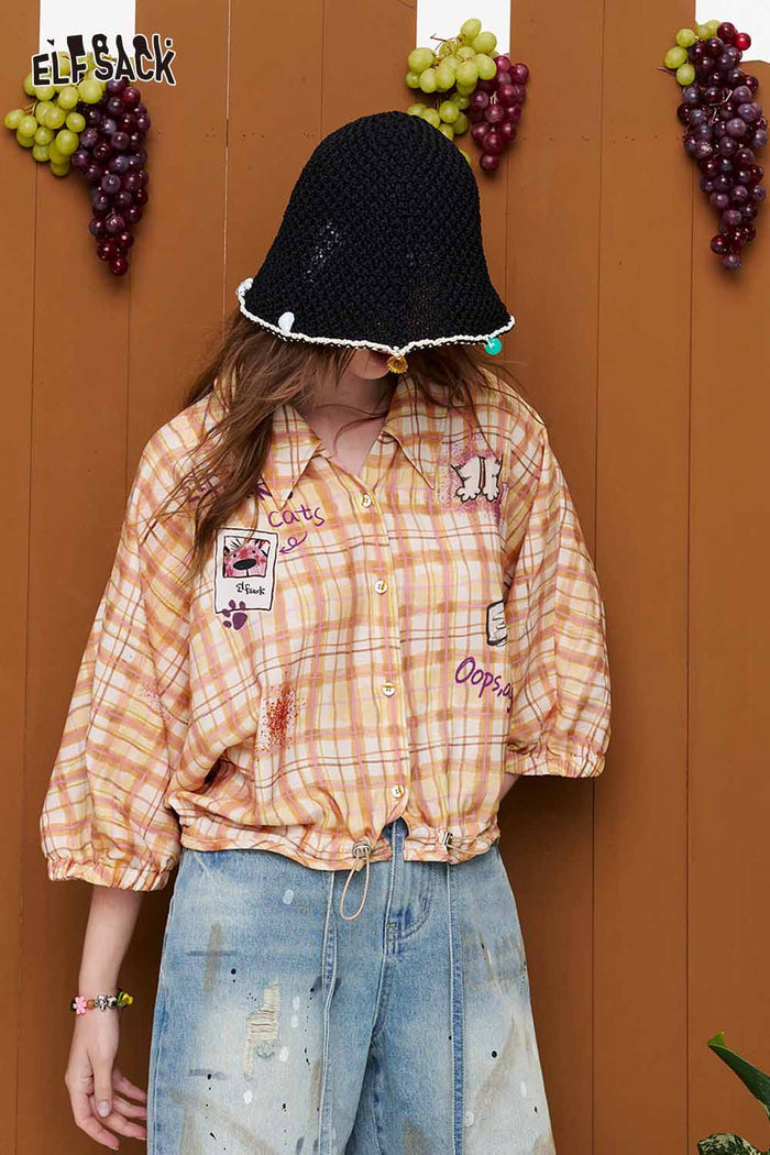 ELFSACK Plaid Graffiti Drawstring Cropped Shirt