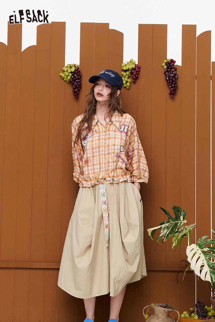 ELFSACK Plaid Graffiti Drawstring Cropped Shirt