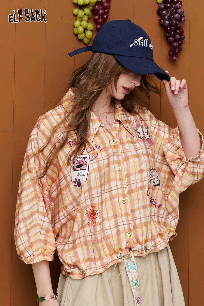 ELFSACK Plaid Graffiti Drawstring Cropped Shirt