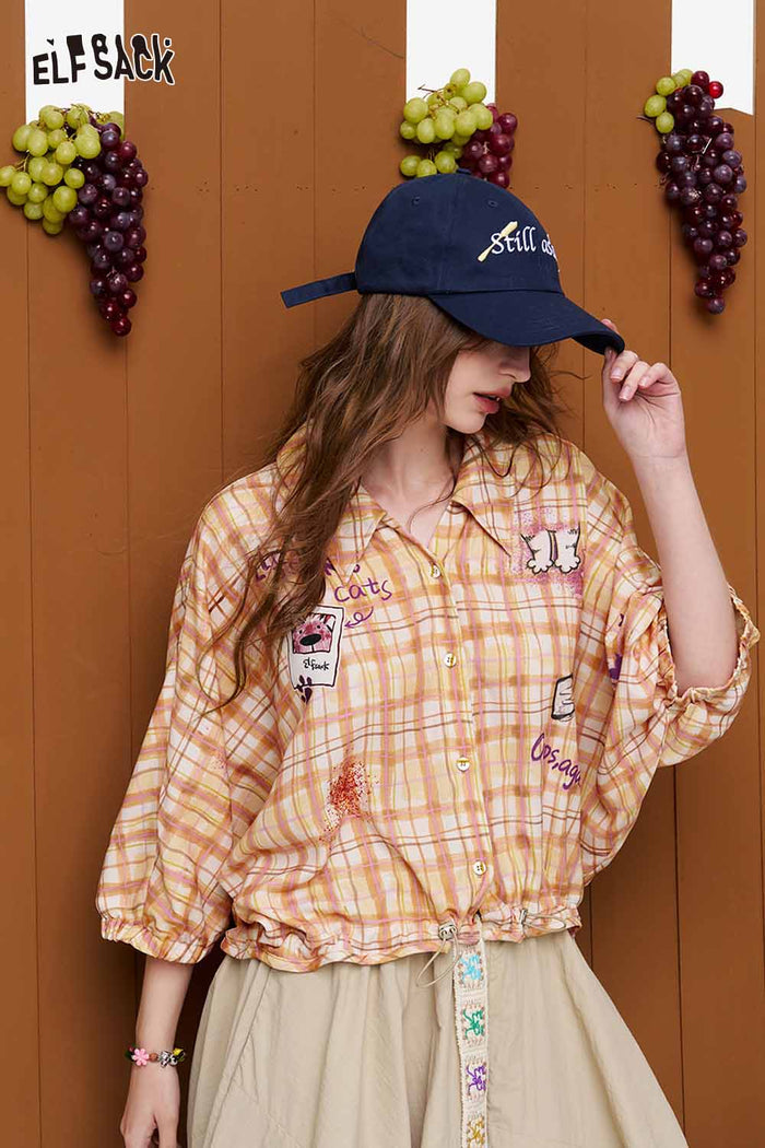 ELFSACK Plaid Graffiti Drawstring Cropped Shirt