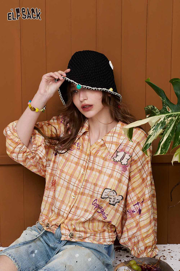 ELFSACK Plaid Graffiti Drawstring Cropped Shirt