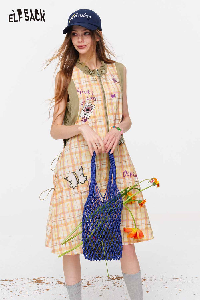 ELFSACK Plaid Graffiti Zip-Up A-Line Midi Dress