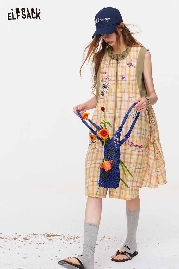 ELFSACK Plaid Graffiti Zip-Up A-Line Midi Dress