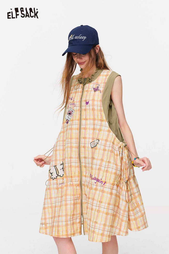 ELFSACK Plaid Graffiti Zip-Up A-Line Midi Dress