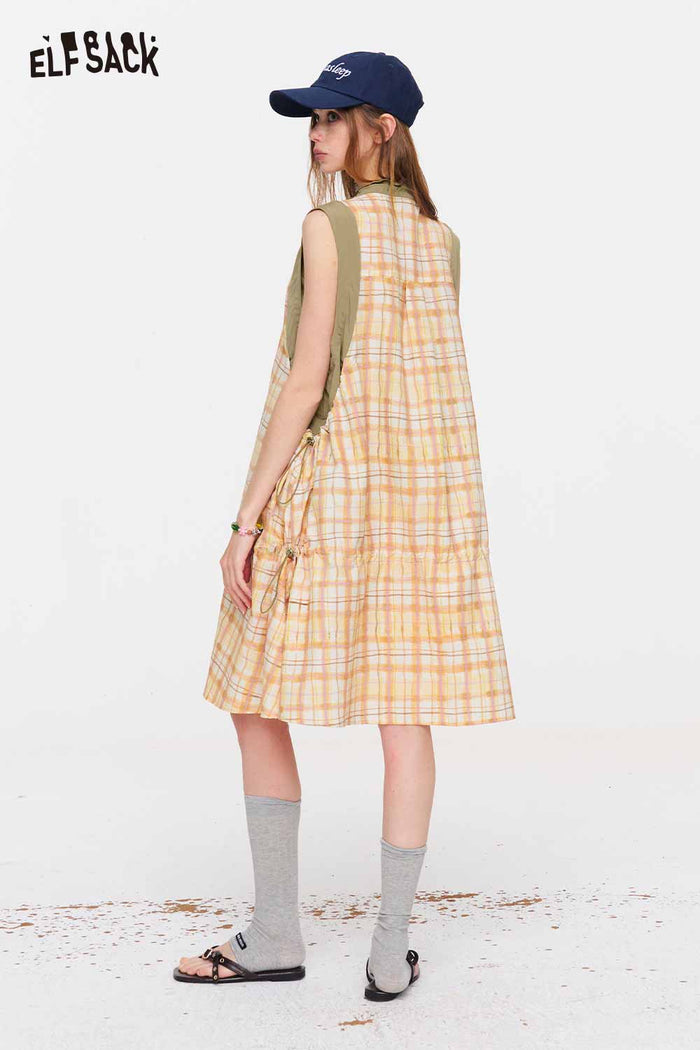 ELFSACK Plaid Graffiti Zip-Up A-Line Midi Dress