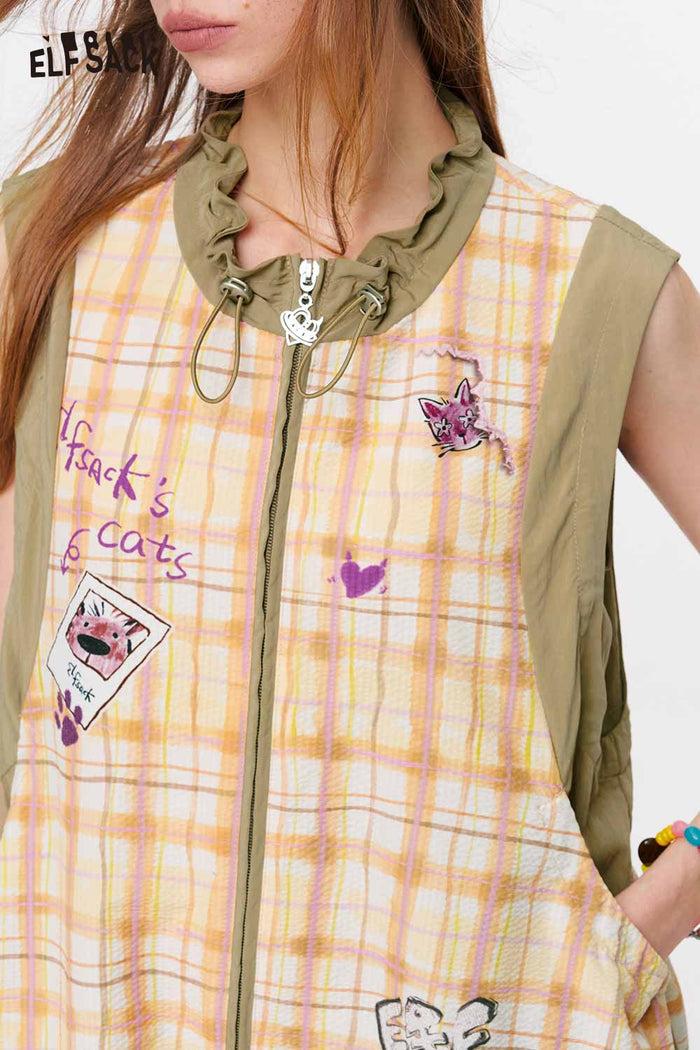 ELFSACK Plaid Graffiti Zip-Up A-Line Midi Dress