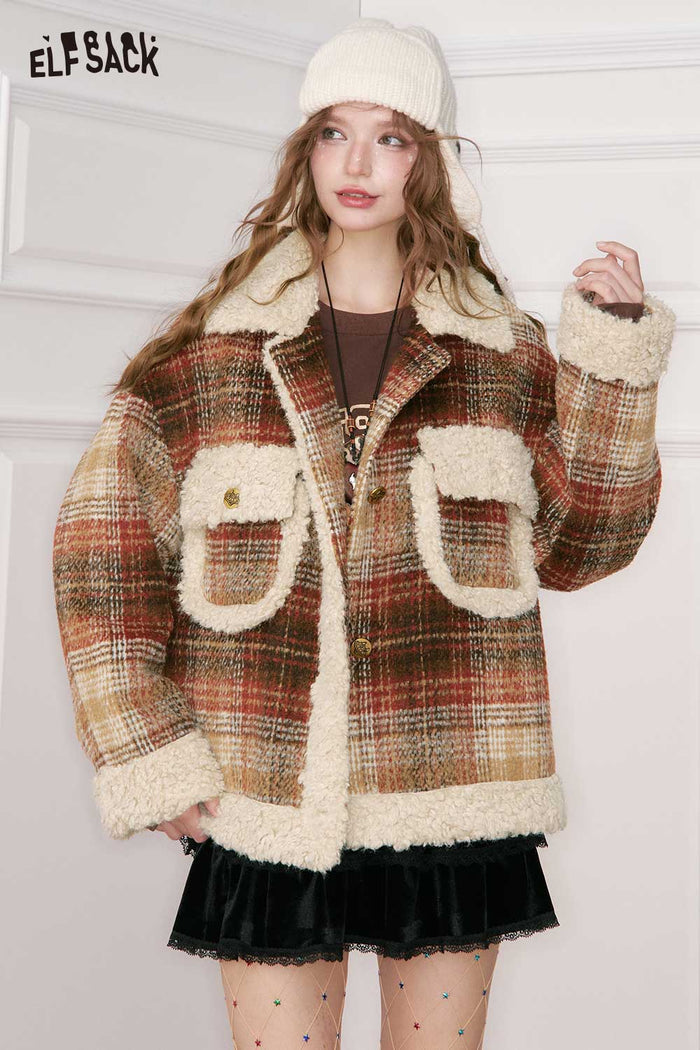 ELFSACK Plaid Lapel Plush Trim Metal Button Faux Wool Jacket