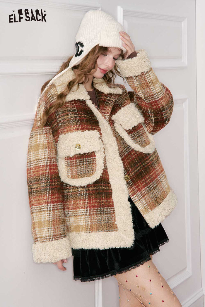 ELFSACK Plaid Lapel Plush Trim Metal Button Faux Wool Jacket