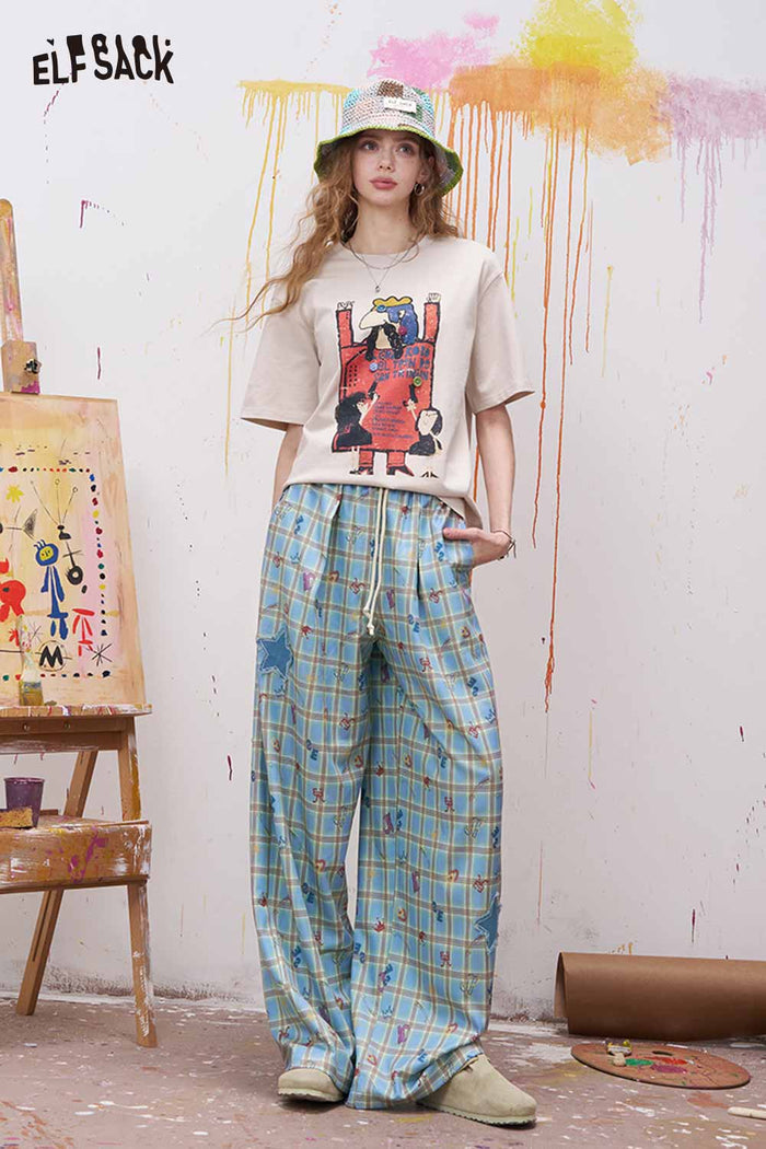 ELFSACK Plaid Letter Print Wide Leg Pants