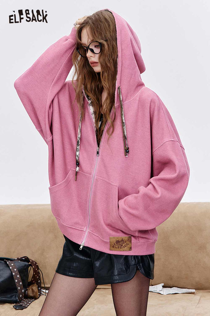 ELFSACK Plaid Lined Fleece Zip Hoodie