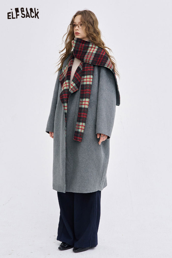 ELFSACK Plaid Lined Wool Blend Coat