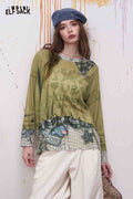 ELFSACK Plaid Patchwork Fake Two-Piece Sweatshirt
