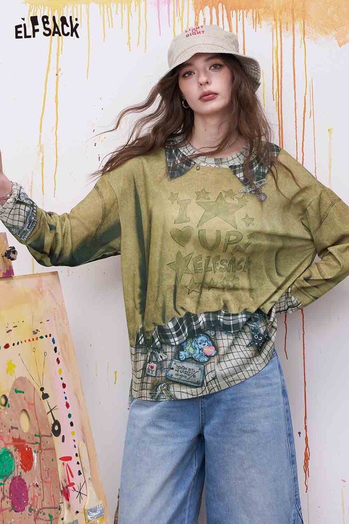 ELFSACK Plaid Patchwork Fake Two-Piece Sweatshirt