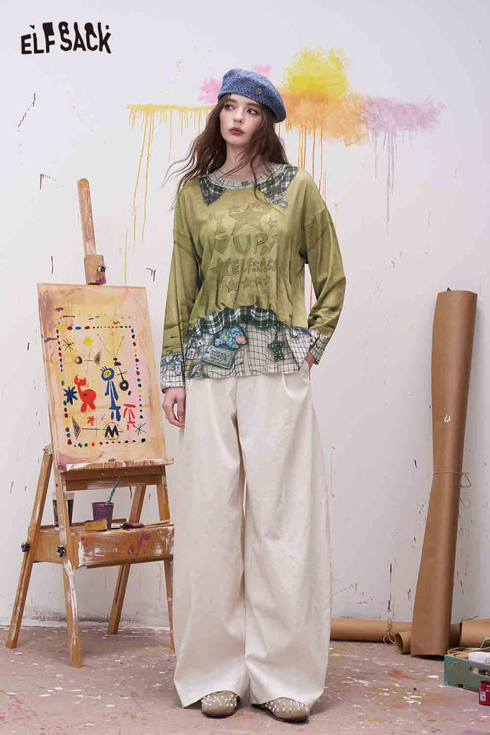 ELFSACK Plaid Patchwork Fake Two-Piece Sweatshirt