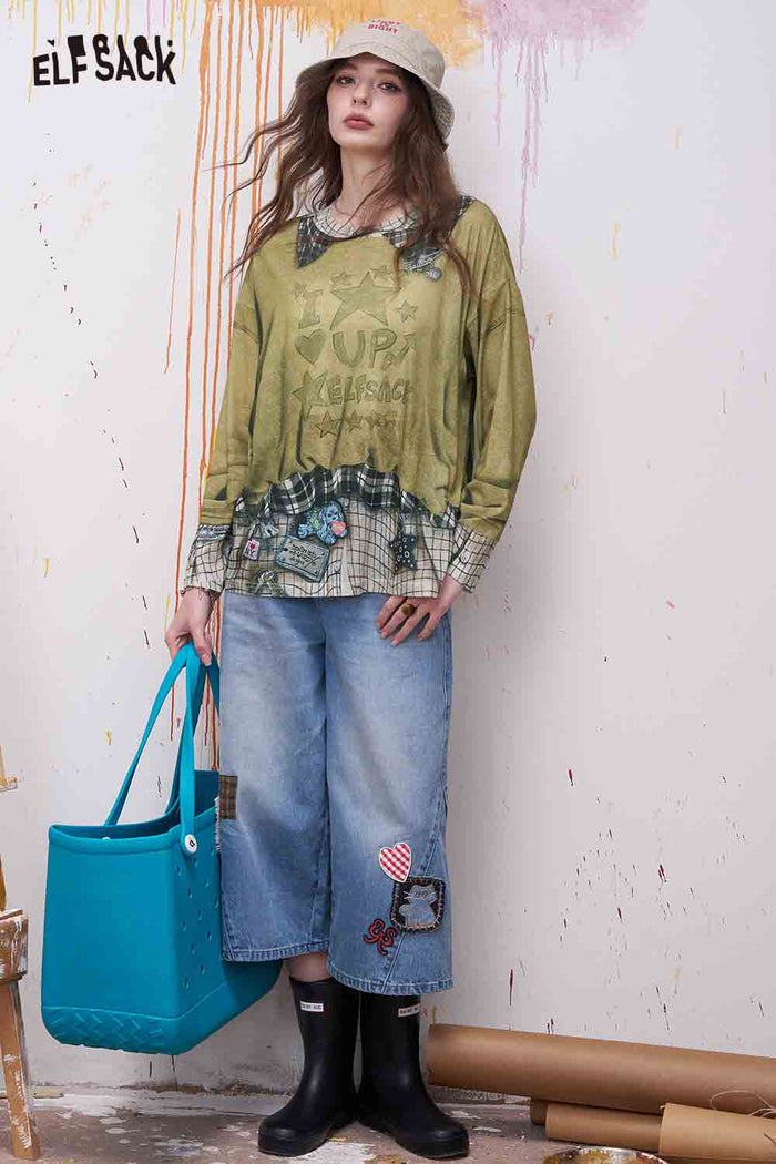 ELFSACK Plaid Patchwork Fake Two-Piece Sweatshirt