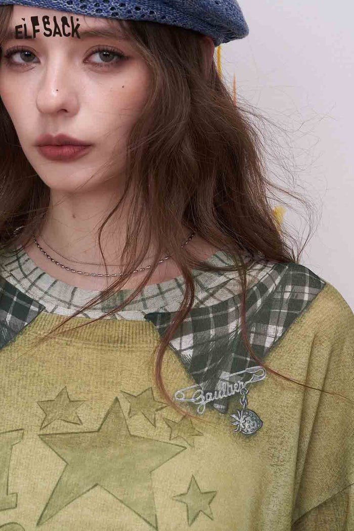 ELFSACK Plaid Patchwork Fake Two-Piece Sweatshirt