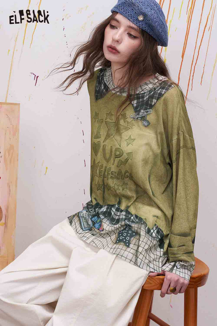 ELFSACK Plaid Patchwork Fake Two-Piece Sweatshirt
