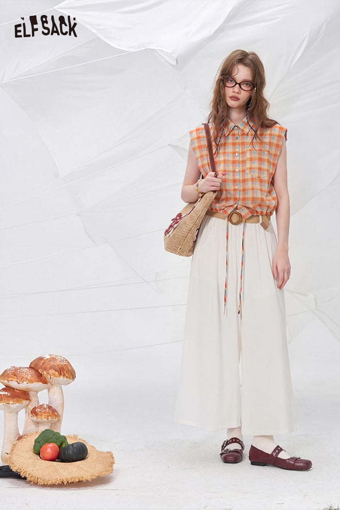 ELFSACK Plaid Tie Hem Sleeveless Button-Up Shirt