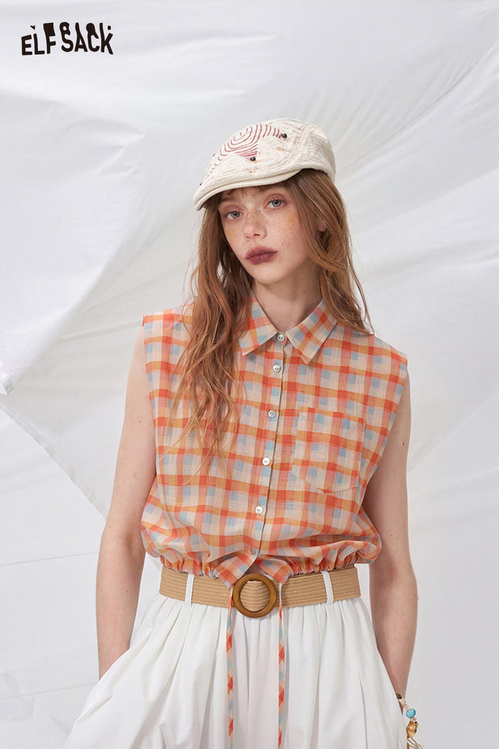 ELFSACK Plaid Tie Hem Sleeveless Button-Up Shirt