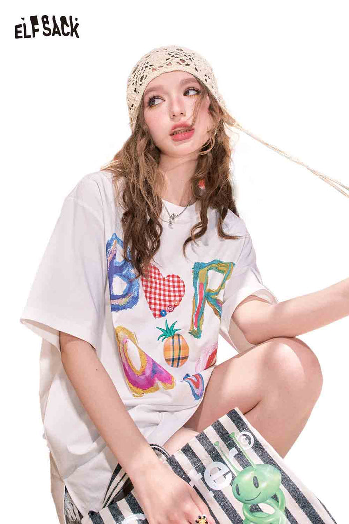 ELFSACK Playful Colorful Letter Print Oversized Tee