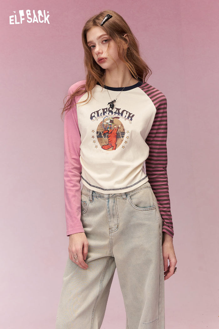 ELFSACK Playful Long Sleeve T Shirt with Contrast Color Patchwork Sleeves