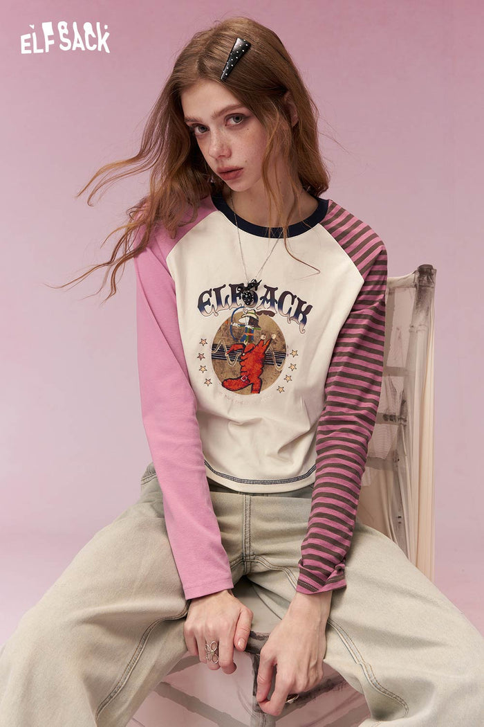 ELFSACK Playful Long Sleeve T Shirt with Contrast Color Patchwork Sleeves