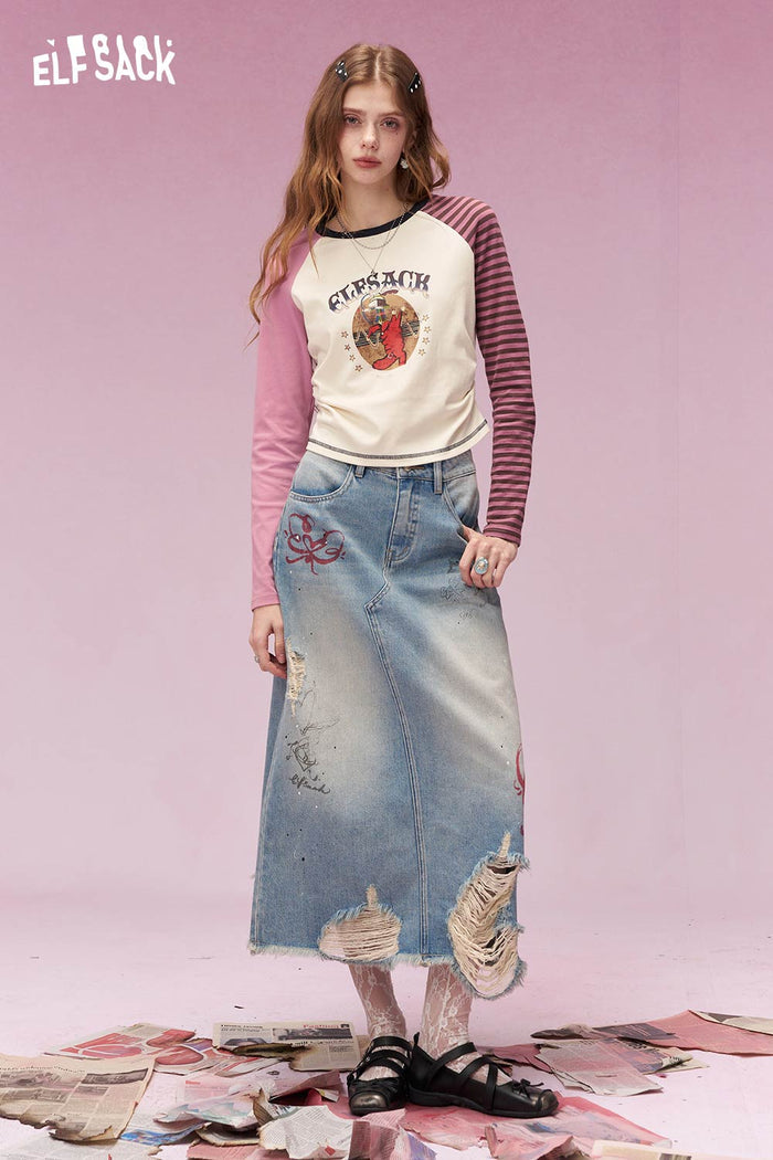 ELFSACK Playful Long Sleeve T Shirt with Contrast Color Patchwork Sleeves