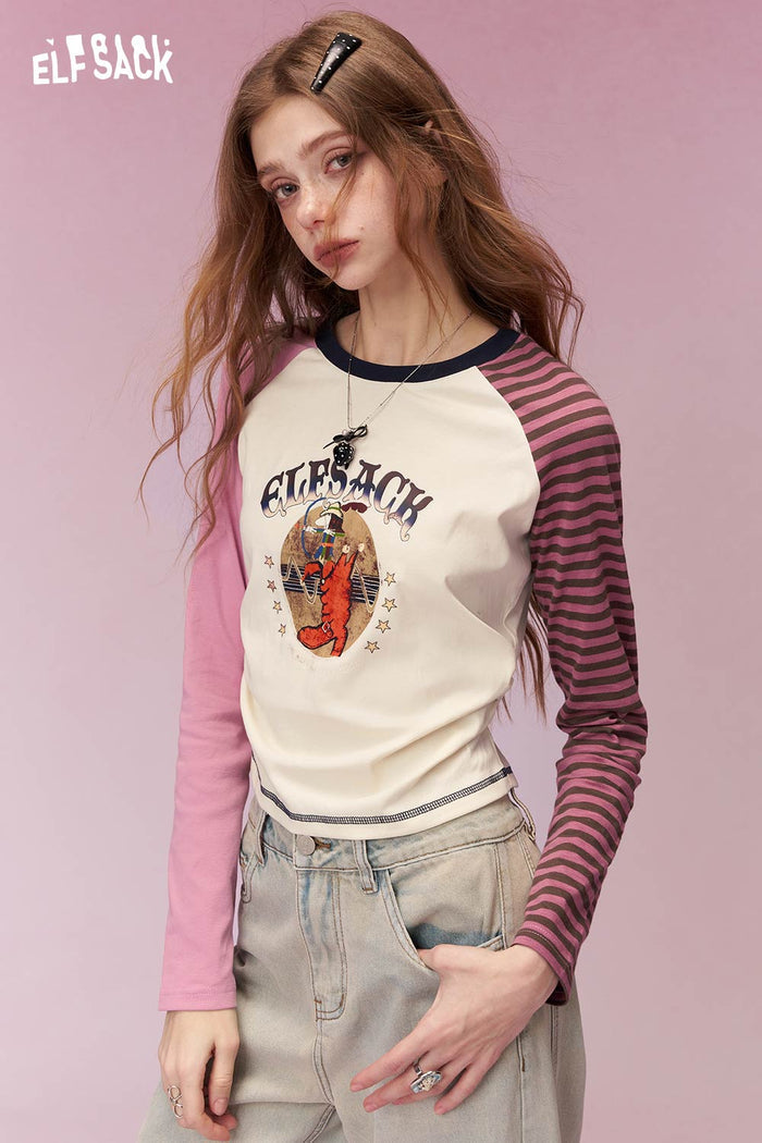 ELFSACK Playful Long Sleeve T Shirt with Contrast Color Patchwork Sleeves