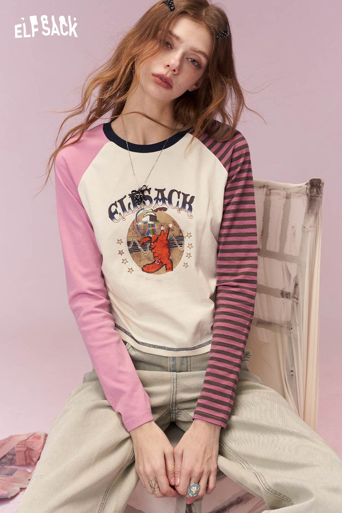ELFSACK Playful Long Sleeve T Shirt with Contrast Color Patchwork Sleeves